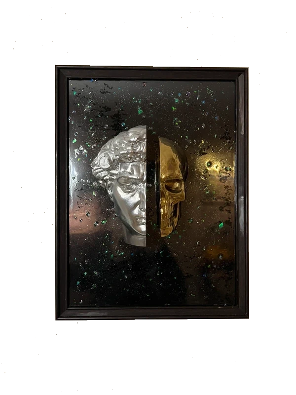 Duality Metal — David e teschio, argento e oro, fondo galassia